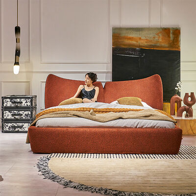 Modern Luxury Velvet Upholstered Bed with Warm Orange Headboard Stylish Bed for Bedroom Hotel Resort