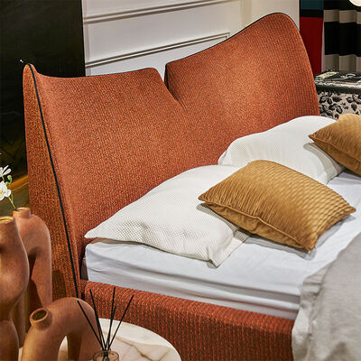Modern Luxury Velvet Upholstered Bed with Warm Orange Headboard Stylish Bed for Bedroom Hotel Resort