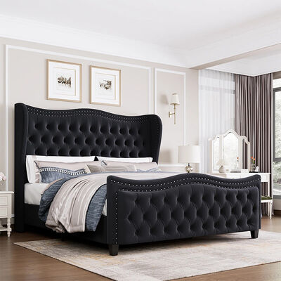 Kainice Luxury White Velvet Upholstery Deep Button Headboard for Queen Beds Shelter Side Wavy Tufted Design Bed Frame