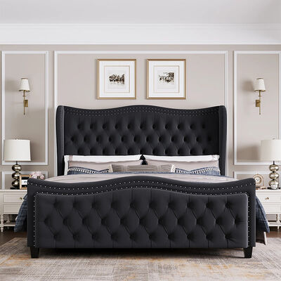 Kainice Luxury White Velvet Upholstery Deep Button Headboard for Queen Beds Shelter Side Wavy Tufted Design Bed Frame