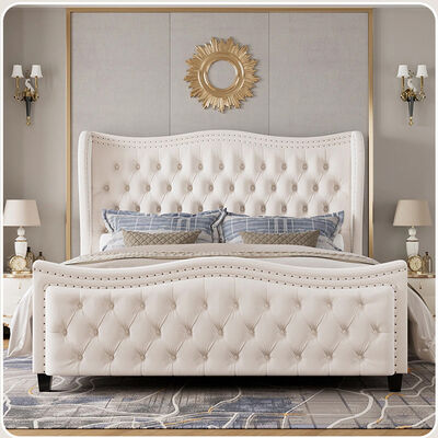 Kainice Luxury White Velvet Upholstery Deep Button Headboard for Queen Beds Shelter Side Wavy Tufted Design Bed Frame