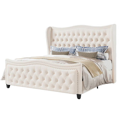 Kainice Luxury White Velvet Upholstery Deep Button Headboard for Queen Beds Shelter Side Wavy Tufted Design Bed Frame