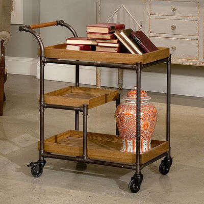MOYI Customized Iron and Wood Trolley Quality Wooden Cart with Wheels for Hotels and Bars