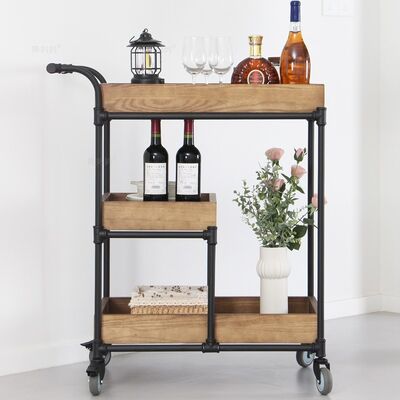 MOYI Customized Iron and Wood Trolley Quality Wooden Cart with Wheels for Hotels and Bars