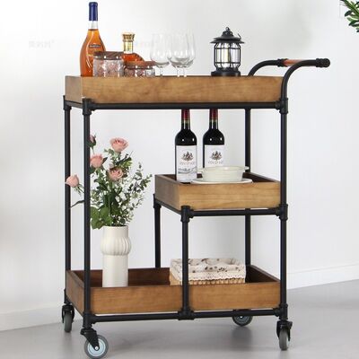 MOYI Customized Iron and Wood Trolley Quality Wooden Cart with Wheels for Hotels and Bars