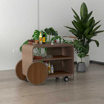 MOYI Iron Trolley Wooden Cart with Wheels for Hotels and Bars