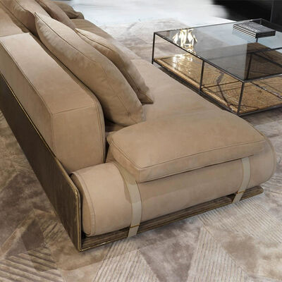 Modern Beige Fabric Sofa With Gold Accents and Soft Cushions