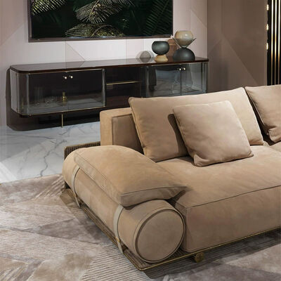Modern Beige Fabric Sofa With Gold Accents and Soft Cushions