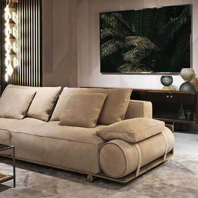 Modern Beige Fabric Sofa With Gold Accents and Soft Cushions