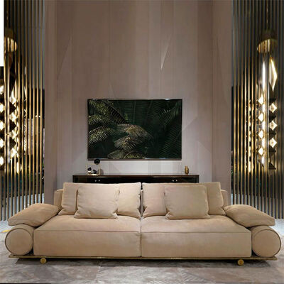 Modern Beige Fabric Sofa With Gold Accents and Soft Cushions