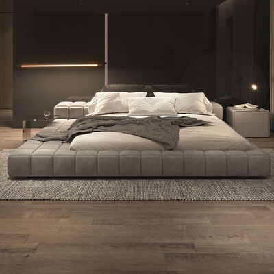 Modern Minimal Customization Bedroom Furniture Wooden Frame Fabric Low Bed Head King Size Soft Beds