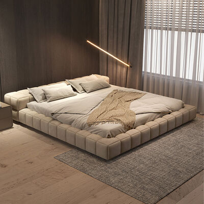 Modern Minimal Customization Bedroom Furniture Wooden Frame Fabric Low Bed Head King Size Soft Beds