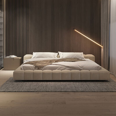 Modern Minimal Customization Bedroom Furniture Wooden Frame Fabric Low Bed Head King Size Soft Beds