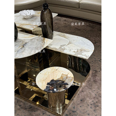 MOYI New Design Modern Coffee Table Set Pouf Stainless Steel Marble Luxury Low Square Coffee Table