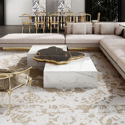 Luxury Dark Emperador Marble Coffee Table With Organic Gold Brass Bridge Natural Stone Block Center Table for Villa Hotel Lobby