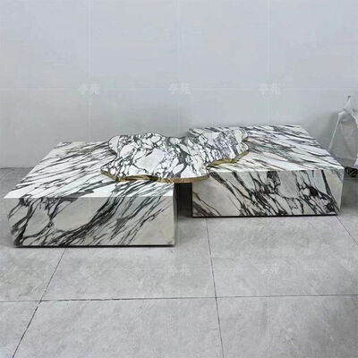 Luxury Dark Emperador Marble Coffee Table With Organic Gold Brass Bridge Natural Stone Block Center Table for Villa Hotel Lobby
