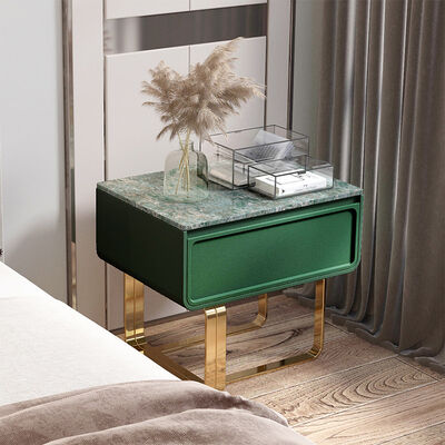 Modern Minimalist Grey Bedside Table with White Marble Top - Curved Metal Base Bedroom Nightstand