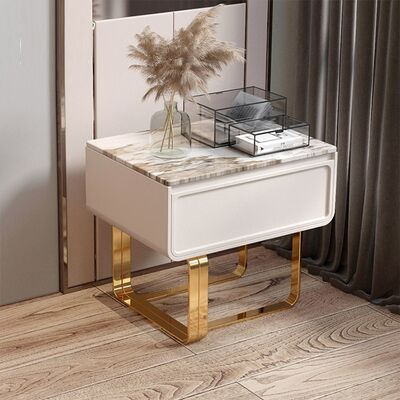 Modern Minimalist Grey Bedside Table with White Marble Top - Curved Metal Base Bedroom Nightstand