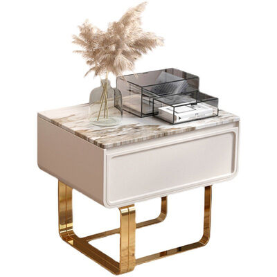 Modern Minimalist Grey Bedside Table with White Marble Top - Curved Metal Base Bedroom Nightstand