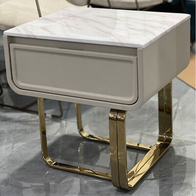 Modern Minimalist Grey Bedside Table with White Marble Top - Curved Metal Base Bedroom Nightstand