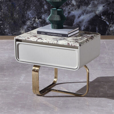 Modern Minimalist Grey Bedside Table with White Marble Top - Curved Metal Base Bedroom Nightstand