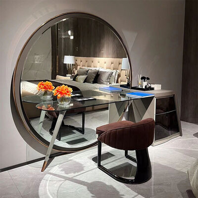 MOYI High End Modern Unique Design Luxury Villa Big Bedroom Leather Glass Dressing Table With Large Round LED Mirror