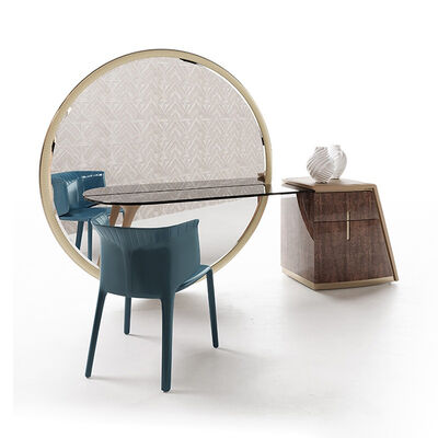 MOYI High End Modern Unique Design Luxury Villa Big Bedroom Leather Glass Dressing Table With Large Round LED Mirror