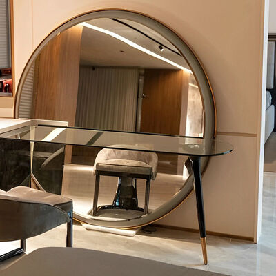 MOYI High End Modern Unique Design Luxury Villa Big Bedroom Leather Glass Dressing Table With Large Round LED Mirror