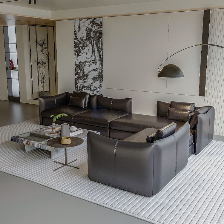 Modular Modern Italian Minimalist Black Leather Sofa Head Layer Cowhide Large Flat Layer Straight Row Corner Down Sofa