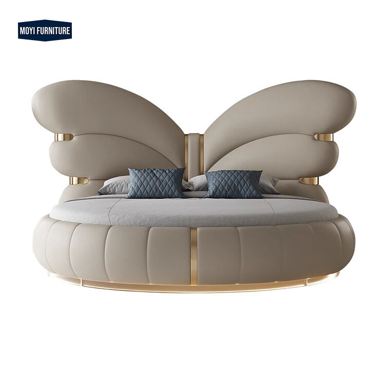 King Size Modern Design Bedroom Furniture Featuring Butterfly Headboard Soft Leather Upholstered Bed Stainless Steel Base