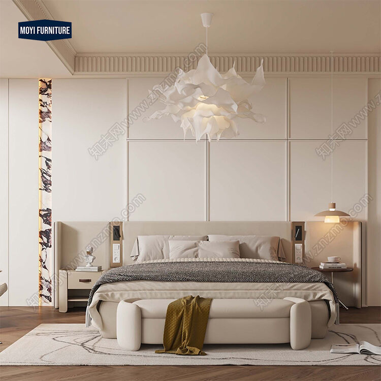 Customize Size Modern Luxury Double Queen Bed Large Headboard Velvet Fabric Upholstered King Size Beds Power Switch Furniture