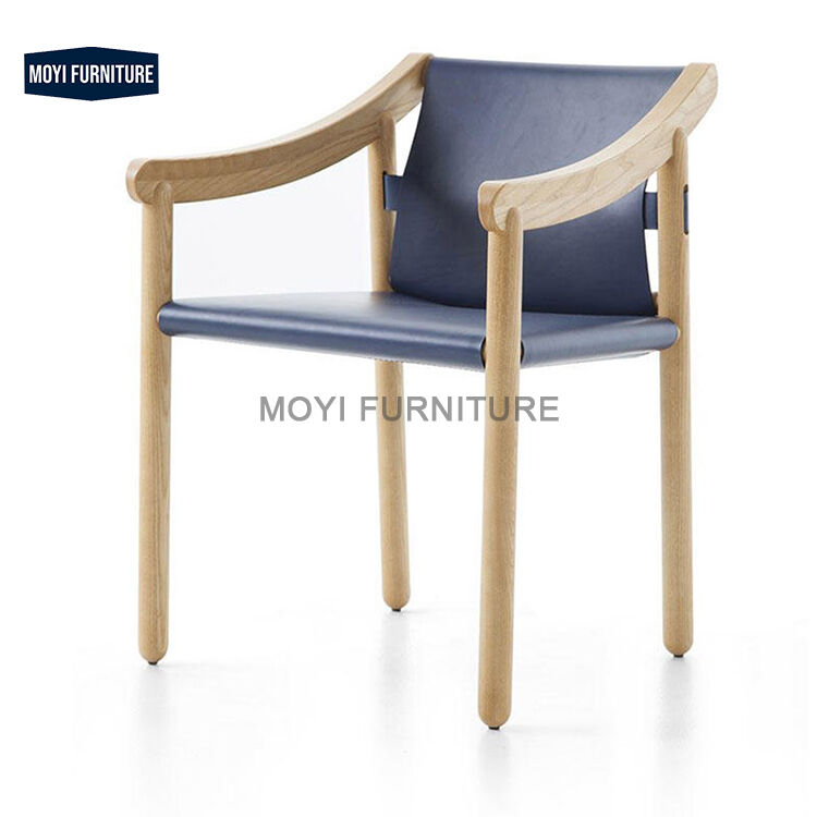 Modern Simple Design Leisure Chair Featuring Solid Wood Frame Comfy Sponge Saddle Leather Armrest Dining Chair for Hotel