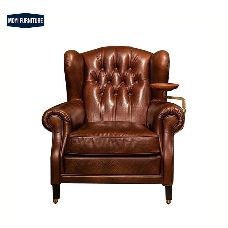 Sponge Filled MOYI Antique Hotel Lounge Meeting Room Cigar Tan Leather Accent Sofa Single Sofa Chair for Home Living Room Dining Coffee Leisure Reading
