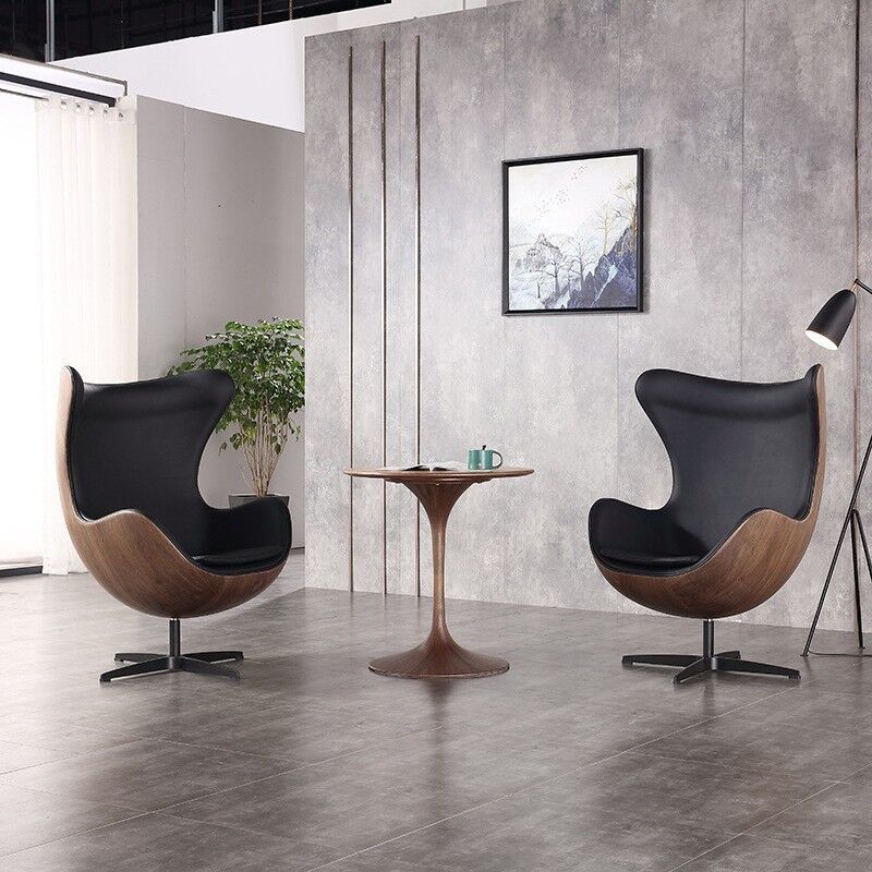 Living Room Furniture Wood Grain Round Chair Nordic Vintage Leisure Chair with Leather Fabric and Wood Leather Tea Table