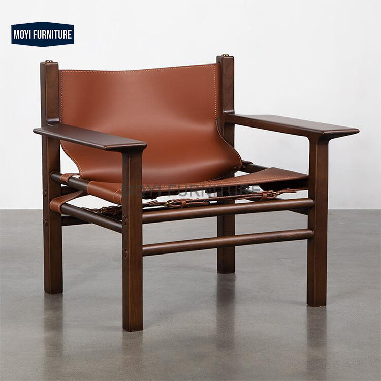 Modern Nordic Minimalist Retro Style Wooden Luxury Sofa Chair with Saddle Leather Single Sofa Accent Chair Electric No