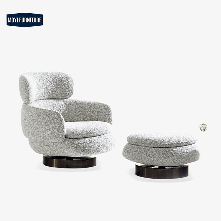 Metal Legs Modern White Teddy Fabric Armchair Swivel Ottoman Accent Chair for Living Room Lounge Seating