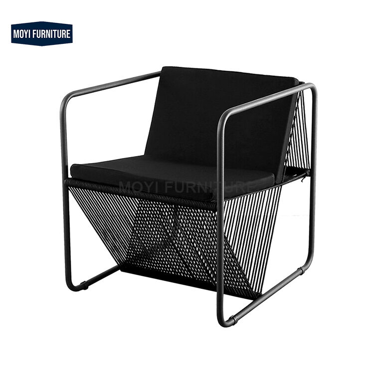 Home Living Room Minimalist Metal Frame Rope Design Leather Accent Single Sofa Armchair for Balcony Seating