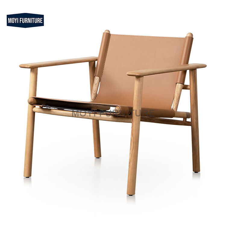 Custom Designer Italian Balcony Solid Wood Chair with Log Armrest Designer Saddle Leather Leisure Seating Home Furniture