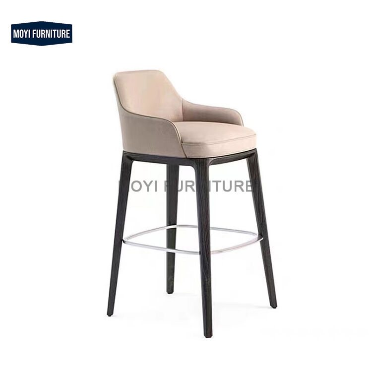 MOYI Luxury Italy Backrest Kitchen Bar Chair Modern Dining Room Furniture Wood Leg Leather for Hotel Front Desk Counter Stool