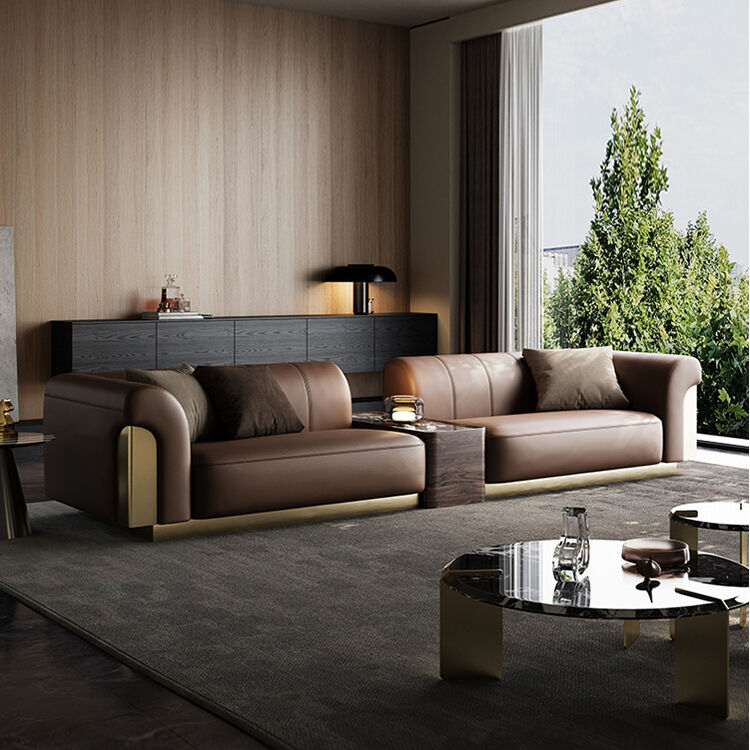 2025 Modern Simple Design Italian Leather Twin Peaks Sofa Set Light Luxury Leather for Large Apartments Straight Row