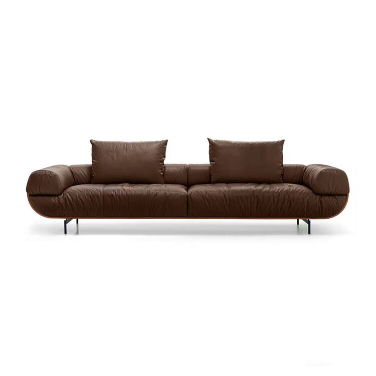 Luxury Designer Style Hotel Villa Living Room Leather Sofa Modern Italy Wood Frame Brown 3 Seat Sofa Furniture