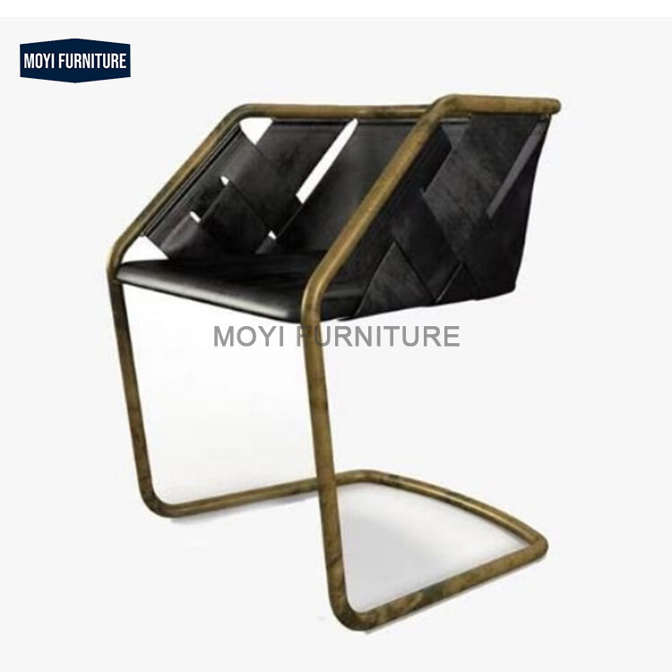 American Retro Office Accent Chair Golden Metal Frame Saddle Leather Curved Backrest Dining Chair for Kitchen