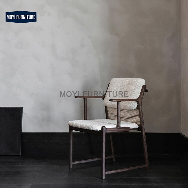 MOYI Vintage Nordic Style Dining Chair with Wood Leather Seat Lamb Velvet Cushion Elegant Dining Room Furniture