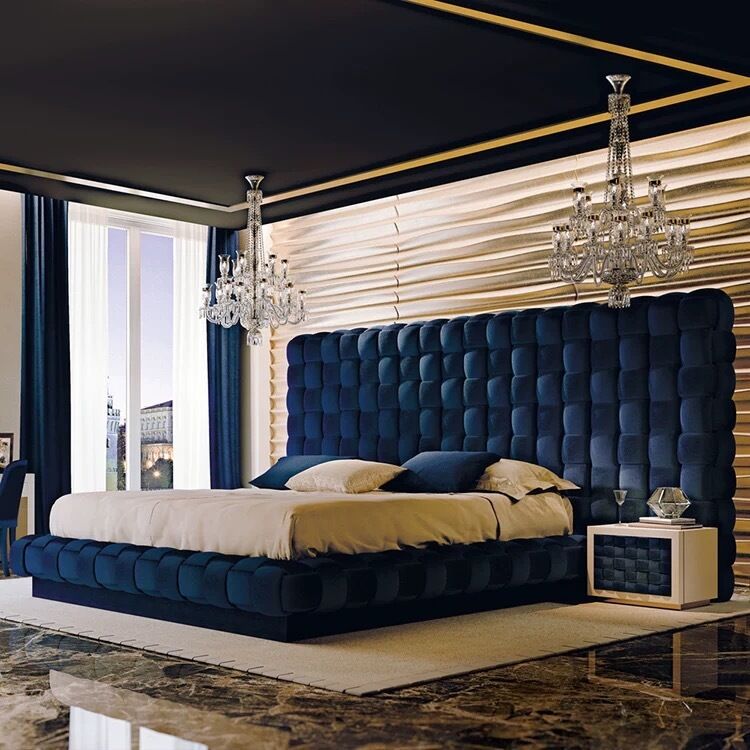 Modern Blue Velvet King-Size Bedroom Furniture Unique Double Headboard With Button Tufted Design