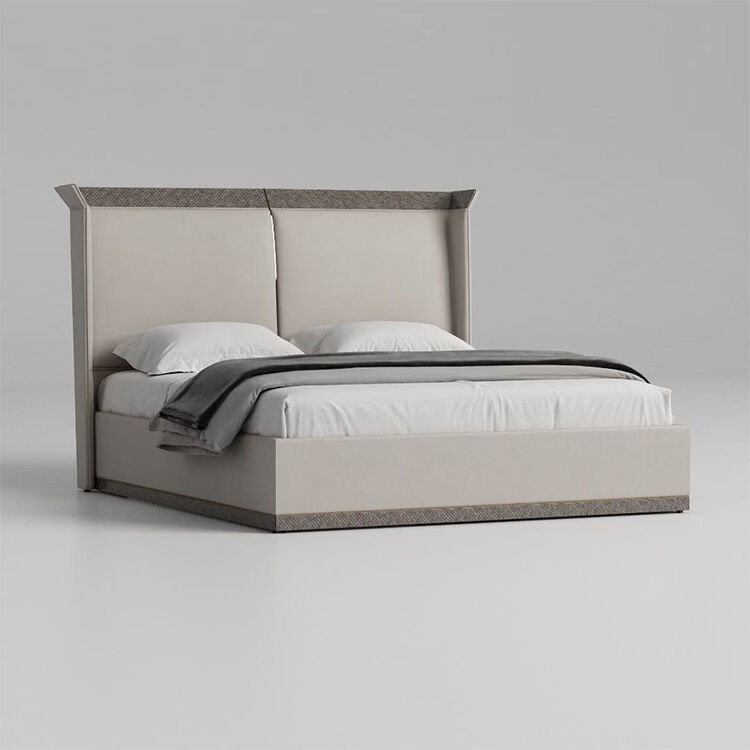 Modern New Design Brown Wooden Double Beige Velvet Leather Bed Room Suite Modern Luxury Home Furniture King Size Bed Design