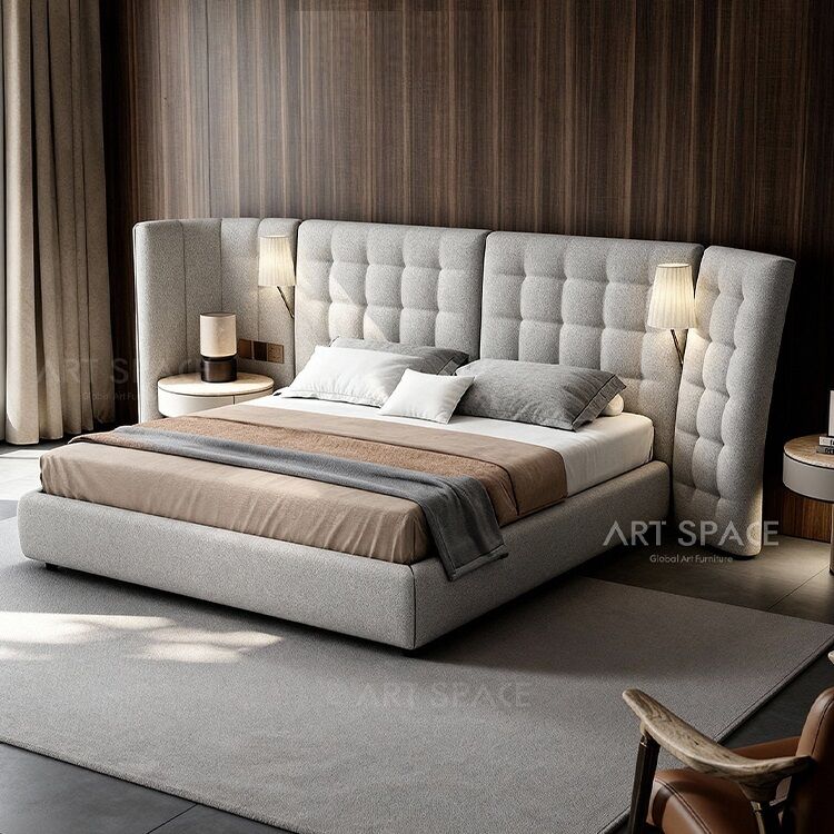 Italian Minimalist Wide-screen High-back French Wabi-sabi Style Fabric Upholstered Angel Bed