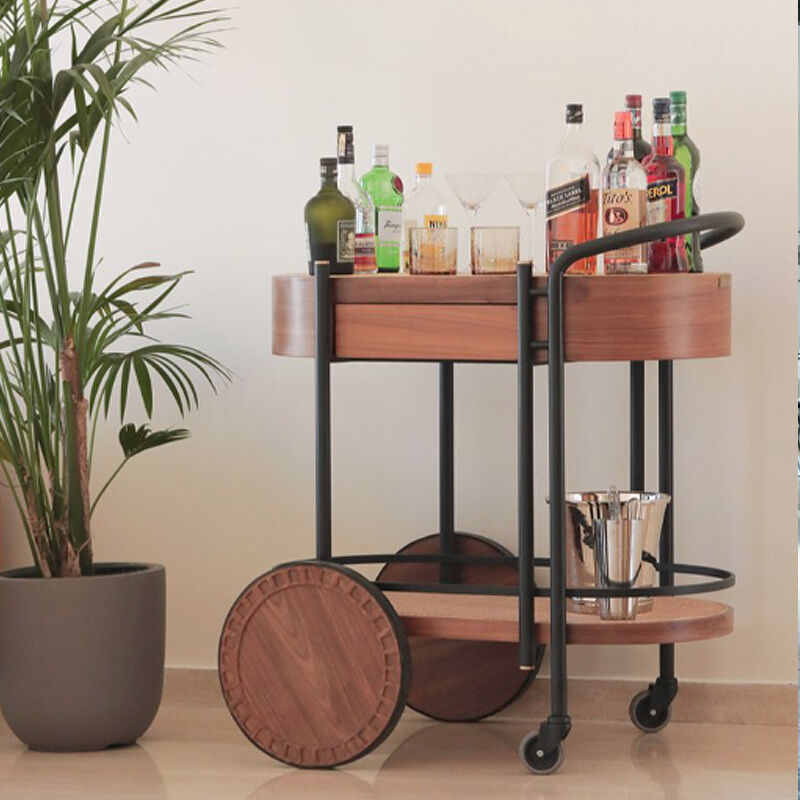 MOYI  Quality Wooden and Iron Trolley With Wheels 2 Tiers Carts Hotel and Restaurant Serving Rattan Trolley
