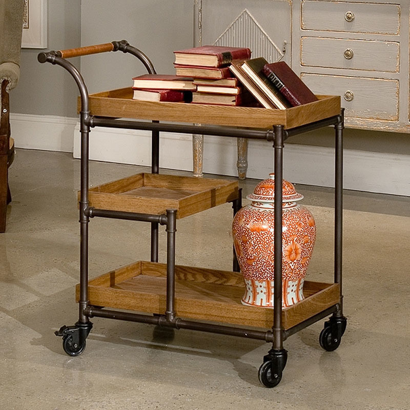 MOYI Customized Iron and Wood Trolley Quality Wooden Cart with Wheels for Hotels and Bars