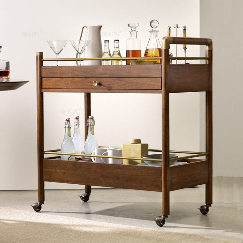 MOYI Design Customize Shape Wooden Slave Food Serving Cart Iron Metal Frame Black Finished Potable Food Serving Trolley