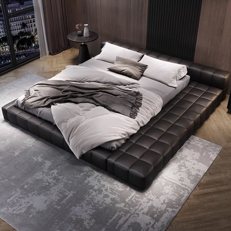 Modern Minimal Customization Bedroom Furniture Wooden Frame Fabric Low Bed Head King Size Soft Beds